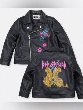 Def Leppard Kids Faux Leather Moto Jacket Leopard Graphic Black Size 7/8